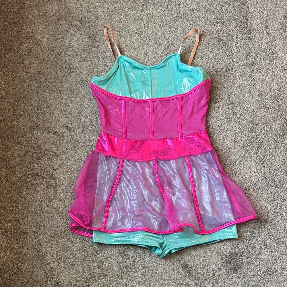 Curtain Call Costumes Aqua Green/Pink Dance Romper SIZE L